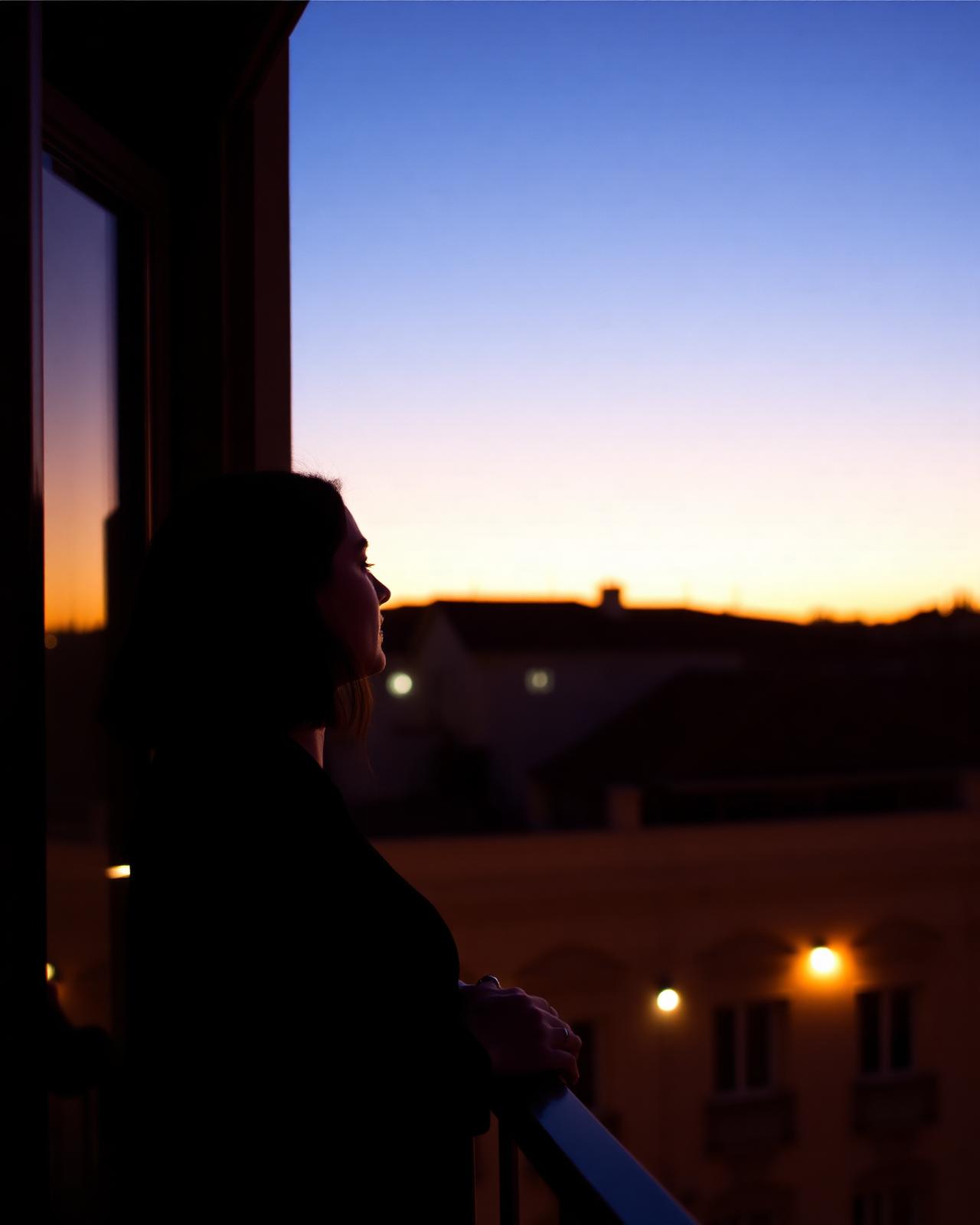 A woman on a balcony at sunset, alone, content