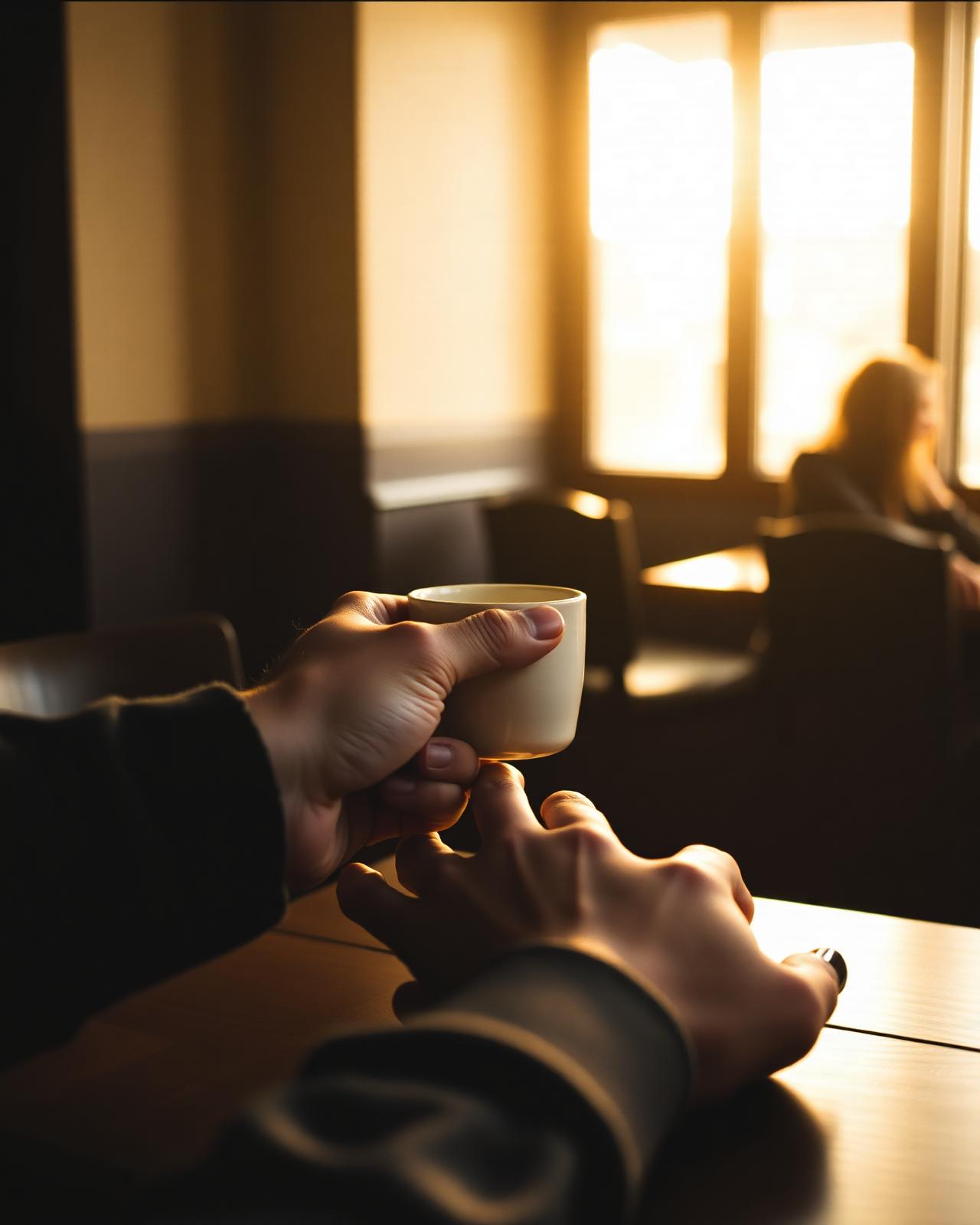 Two hands across a cafe table in late afternoon light