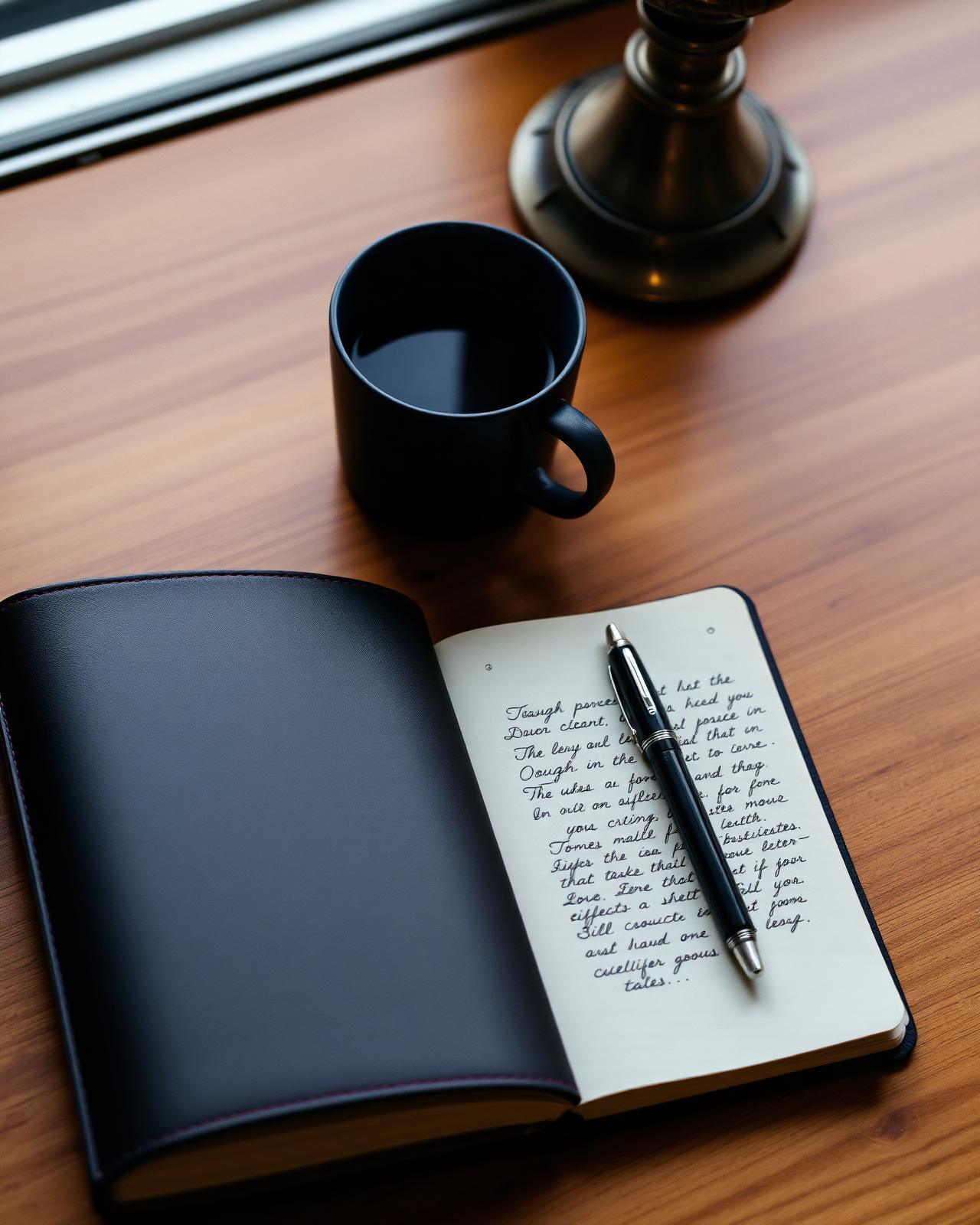 An open journal with handwritten notes and a coffee cup
